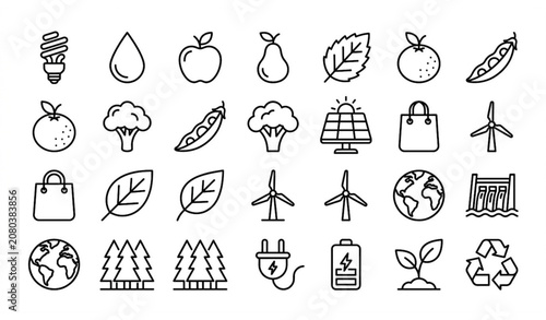 Thin Line Eco Lifestyle Icon Set with Energy Saving Light Bulb Solar Panel Organic Food and Renewable Energy Symbols