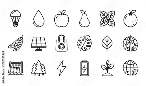 Eco Friendly Thin Line Icon Collection with Organic Food Renewable Energy and Green Environment Symbols