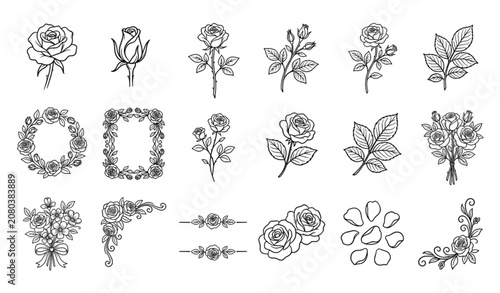 Hand Drawn Rose Flower Line Art Vector Set with Botanical Floral Elements for Logo Wedding and Decorative Design