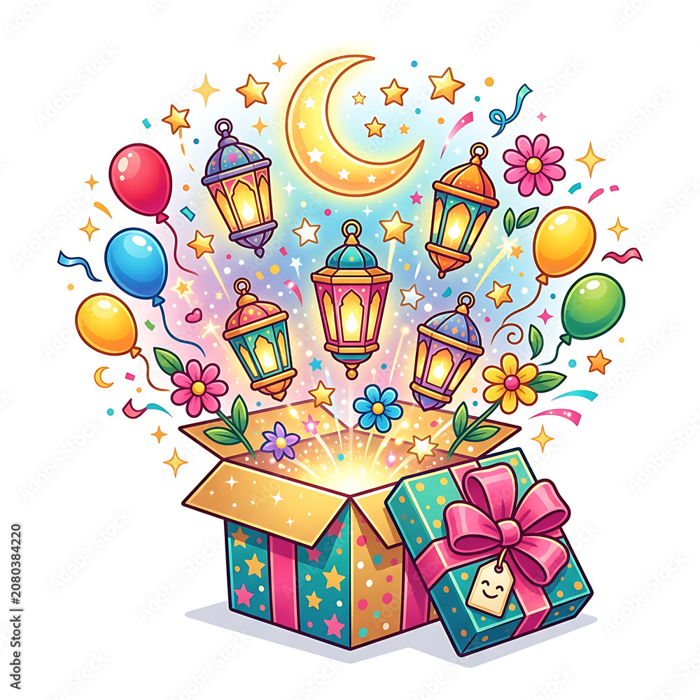 Fototapeta premium Eid gift box with lanterns isolated on transparent background