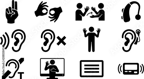 Deaf and Hearing Accessibility Silhouette Icon Set – Sign Language, Hearing Aid, Cochlear Implant and Communication Symbols