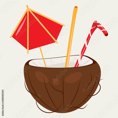 Tropical coconut cocktail illustration with a red umbrella and straws. Ideal for beach bar menus, happy hour advertisement, summer pool party flyers, and beverage packaging.