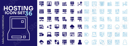 Foto Flat and line outline vector collection of cloud network database server and web hosting icon set options
