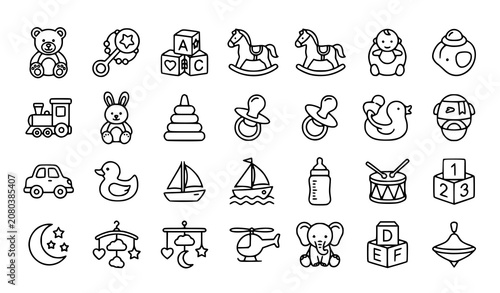 Obraz na plátně Baby Toys and Nursery Elements Line Vector Icon Set Featuring Teddy Bear Rocking