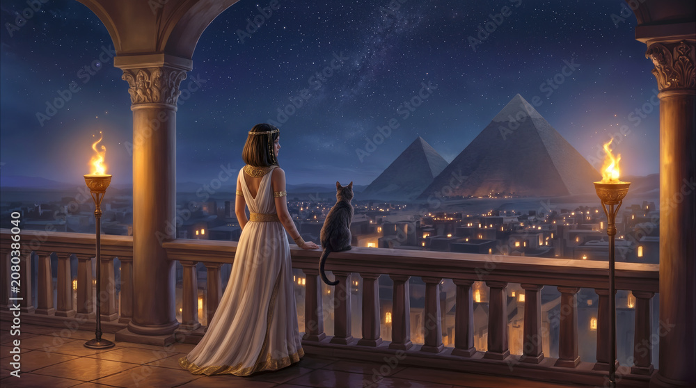 Obraz premium Ancient Egyptian queen standing on balcony with black cat overlooking Giza pyramids at night. Royal woman in white dress watching starry sky above desert city with torches.