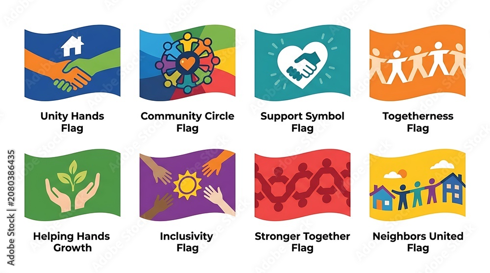 Fototapeta premium Eight colorful flags with various social unity and community symbols on transparent background