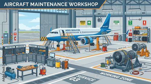 Aircraft maintenance team working on a plane in a large hangar workshop facility
