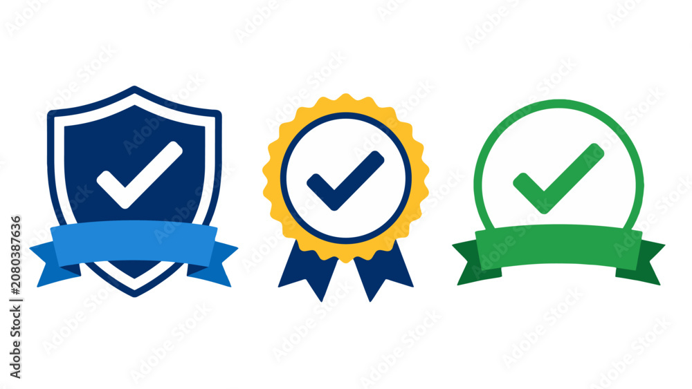 Fototapeta premium Set of check mark badges with shield, seal, and ribbon icons