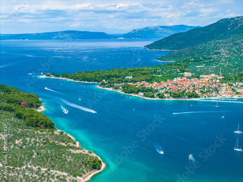 Canvastavla Aerial view of boats sailing around green coastline, Cres island