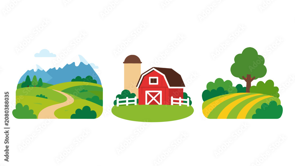 Fototapeta premium Farm and countryside landscape vector set with hills and barn