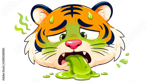 Foto Cartoon tiger face with nauseated expression and green vomit
