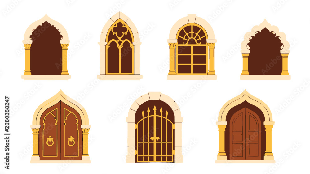 Fototapeta premium Decorative arched window and door frame icon set