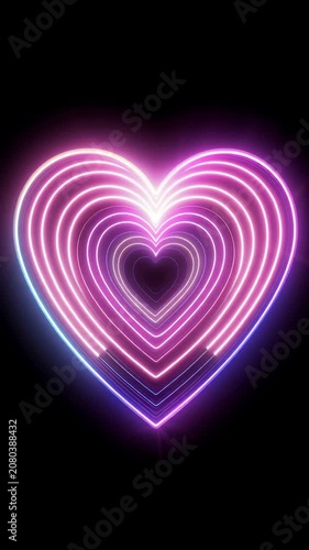 Neon Heart Tunnel Loop Animation, Glowing Pink and Purple Led Light Hearts Zooming In on Black Background 