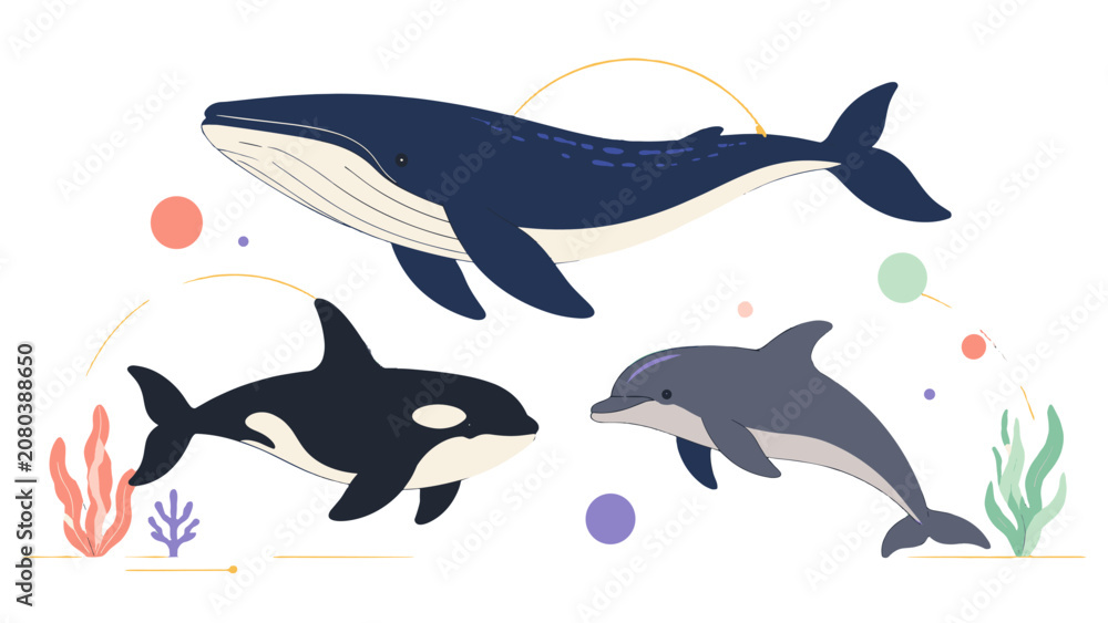 Fototapeta premium Blue whale, orca and dolphin in ocean vector illustration