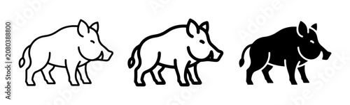 Wild Boar Icons Set: Outline, Filled, and Silhouette Vector Illustrations of Sus Scrofa for Wildlife and Nature Graphics