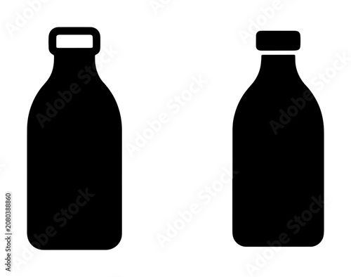 Two Black Silhouette Bottles, Simple Vector Icons for Beverages and Liquids, Minimalist Design for Dairy and Drinks