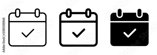 Calendar Icons with Checkmark: Simple Line Art and Solid Black Vector Graphics for Scheduling, Planning, and Task Completion