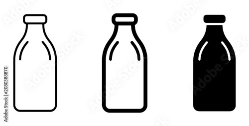 Milk Bottle Icons, Dairy Beverage Containers, Vintage Glass Jars, Simple Outline Vector Graphics for Food and Drink Concepts