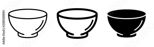 Set of Three Bowl Icons: Outline, Filled Outline, and Solid Black Vector Graphics for Food and Drink