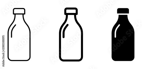 Set of 3 Milk Bottle Icons: Outline, Filled Outline, and Solid Black Vector Graphics for Dairy and Beverage Concepts