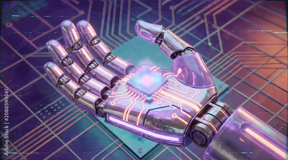 Naklejka premium Robotic hand holding a glowing qubit sphere with wave lines, representing quantum computing supremacy, molecular simulations, pharmaceutical research, and futuristic tech - Alternative Render View