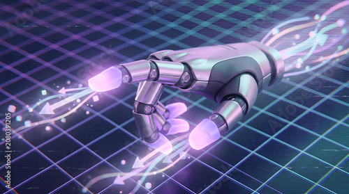 Robotic hand routing API requests and managing network data flow, representing agentic AI workflows, automated web service integrations, and system monitoring