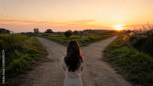 夕暮れの壮大な風景の中で、分かれ道の前に静かに立つ女性の後ろ姿とシルエット。人生の転機や進路の選択、新しい未来への期待と迷いの混ざったアンビバレントな感情を表現したコンセプトビジュアル