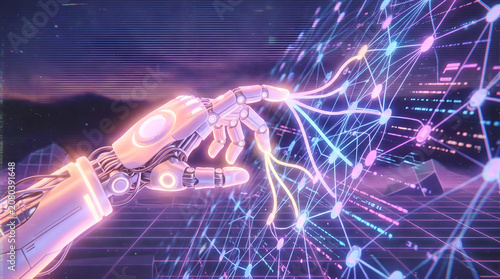 Robotic hand training a machine learning model with diverse data inputs, representing multimodal artificial intelligence processing images, audio, and text in one pipeline