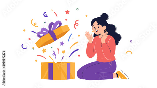 Foto Woman reacting to open gift box with colorful confetti