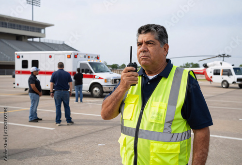 Hispanic Volunteer Directing Evacuees at Sports Stadium