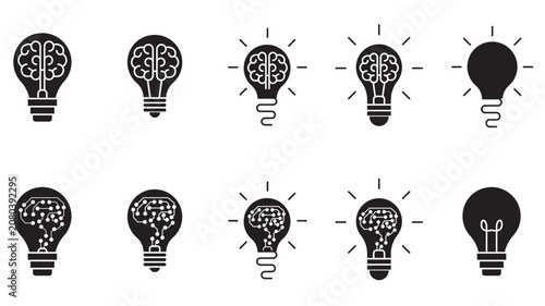 Creative Brain Light Bulb Icons Set Representing Innovation and Thinking