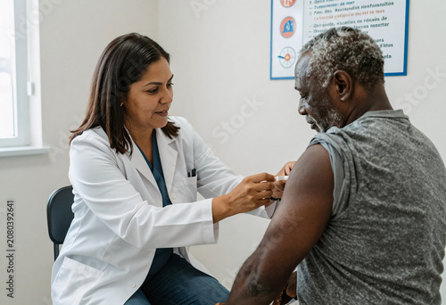 Hispanic Female Doctor Vaccinating African American Senior