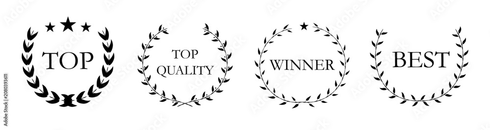Fototapeta premium Vector black laurels set. Circular foliate laurels branches, laurel wreath silhouette. Trophy crest, Greek olive branch award, winner round emblem for certificate or diploma border decoration.