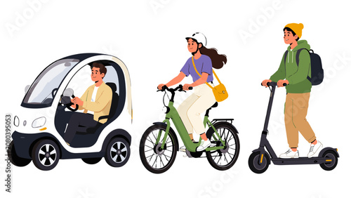 Foto People riding compact electric car, bicycle and scooter