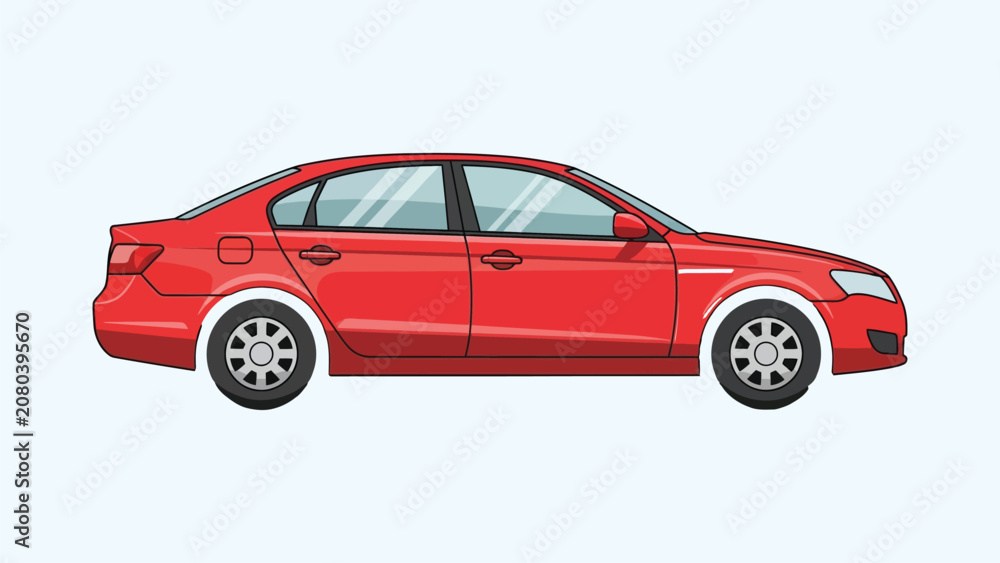 Fototapeta premium Red sedan car vector illustration, modern four-door passenger vehicle side view, sleek red automobile isolated on white background for transport design