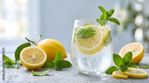 Fresh lemon mint infused water in glass with mint leaves on gray background