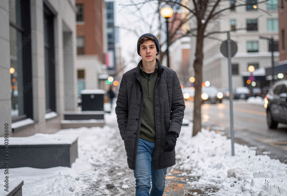 Obraz premium Young Adult Walking in Snowy Toronto Cityscape with Bokeh Lights