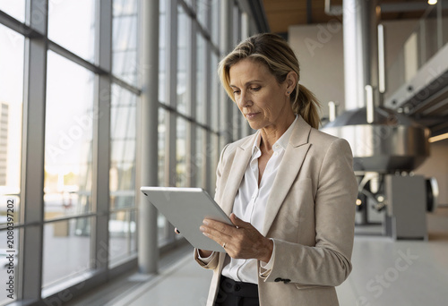 Businesswoman Reviewing ESG Data in Industrial Setting