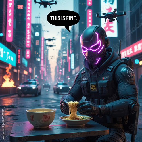 Cyberpunk character sitting in a chaotic futuristic city street while eating ramen, humorously unbothered concept, neon city in ruins background