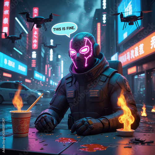 Cyberpunk character sitting in a chaotic futuristic city street while eating ramen, humorously unbothered concept, neon city in ruins background