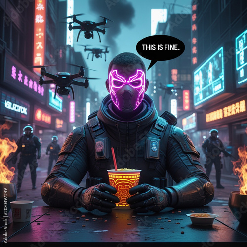Cyberpunk character sitting in a chaotic futuristic city street while eating ramen, humorously unbothered concept, neon city in ruins background