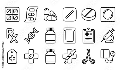 Minimal pet icons set veterinary care dog cat paw vaccine outline vector eps10