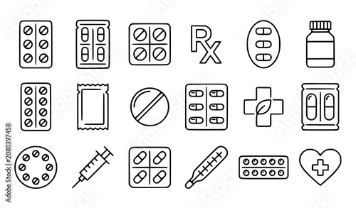 Abstract medical blister pack line icons set medicine pills pharmaceutical vector eps10