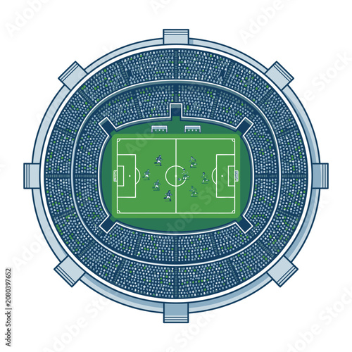 Aerial top view of circular football stadium pitch.