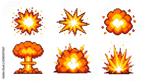 Konstfotografi Pixel art explosion set with retro game fire burst effects