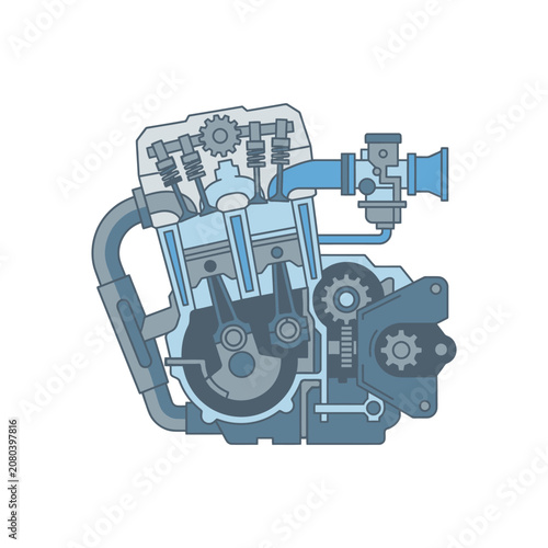 Cutaway illustration of internal combustion engine components.
