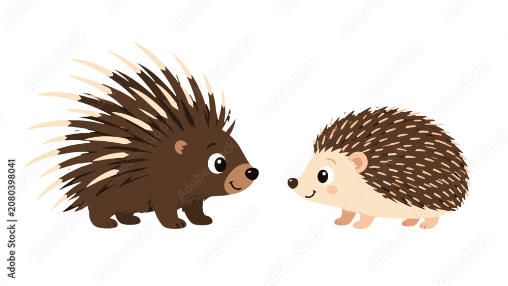 Fototapeta premium Cartoon porcupine and hedgehog facing each other on white