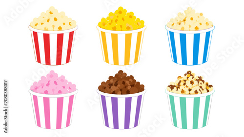 Принти на полотні Six striped popcorn buckets in different colors and flavors