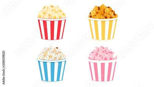 Photography Set of colorful striped popcorn cups with different popcorn flavors