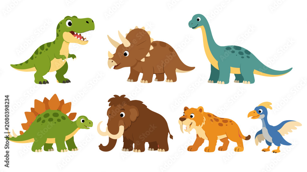 Fototapeta premium Cute cartoon prehistoric animals and dinosaurs set